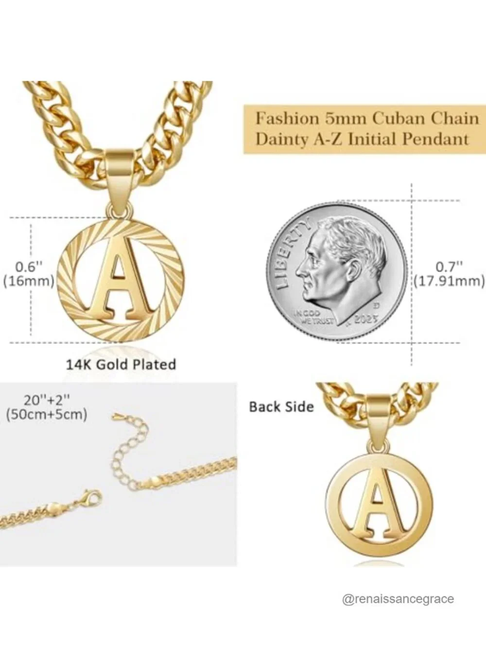 Personalized Initial Pendant Necklace 14k Gold Plated Stainless Steel